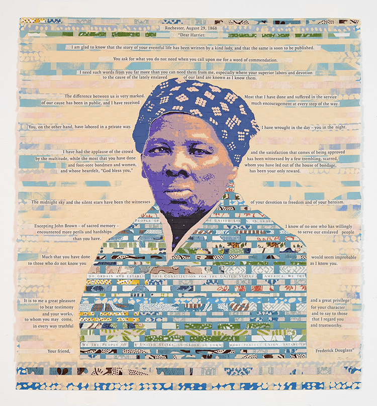 Stylized portrait of a woman in a patterned headwrap, rendered in blue and beige text collage.