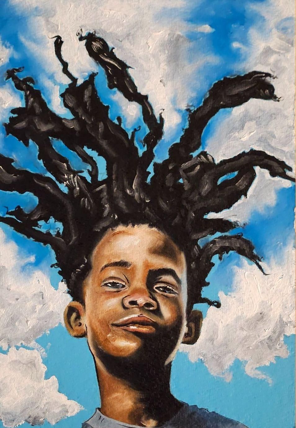 Portrait of a person with spiky hair against a bright blue, clouded sky