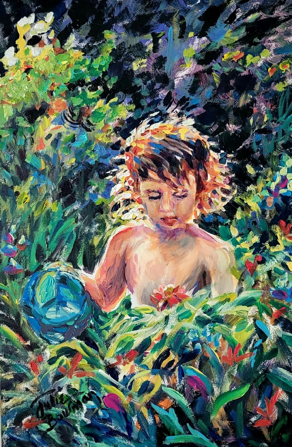 Person in a colorful garden, surrounded by lush green leaves and bright flowers, looking down serenely