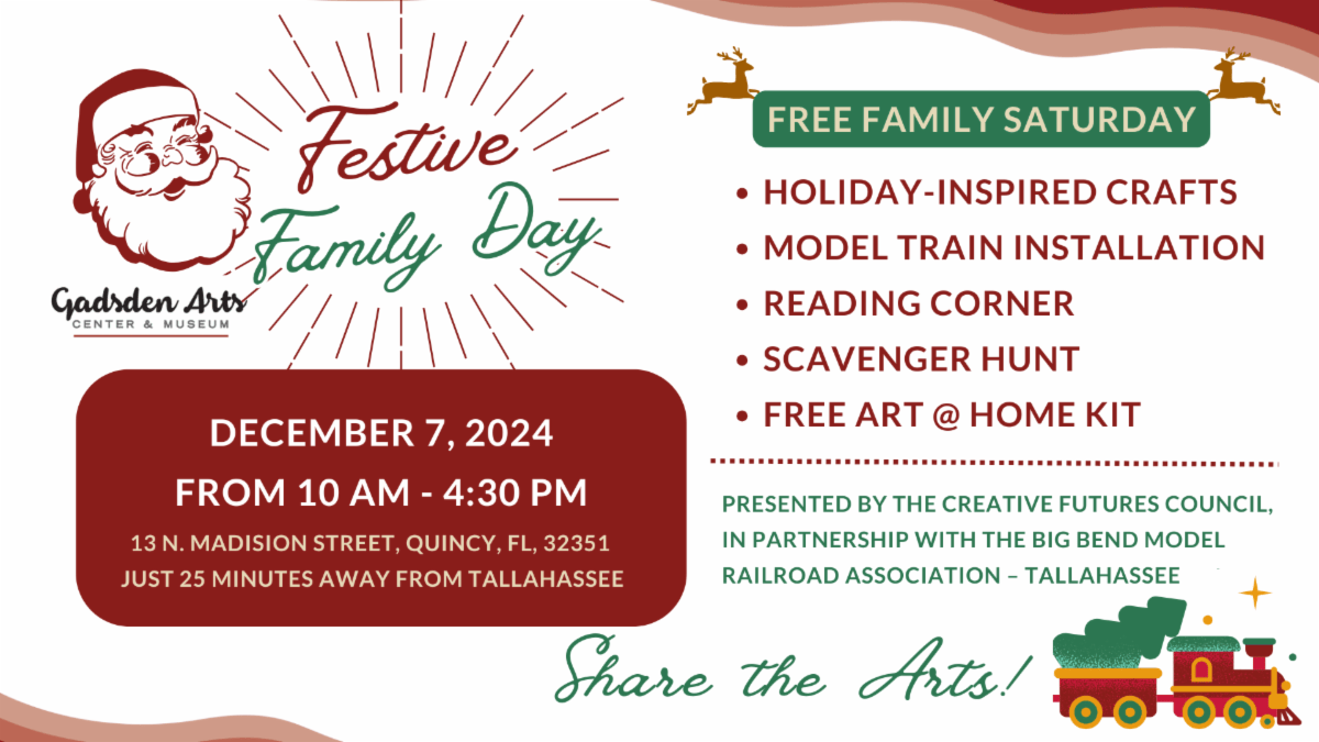 Festive Family Day poster with holiday crafts, model train, reading corner, scavenger hunt, free art and home kit.