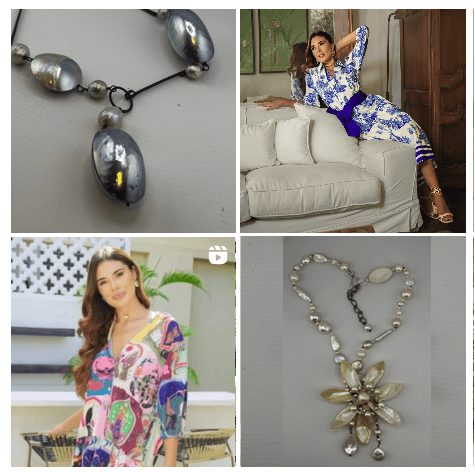 Jewelry and fashion collage: silver necklace, model wearing blue-and-white outfit, and floral pendant necklace