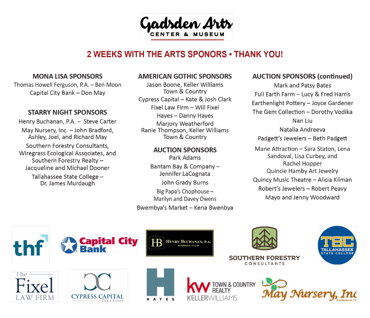 Black-and-white event flyer for Garden Arts featuring 2 weeks of arts sponsors and supporters