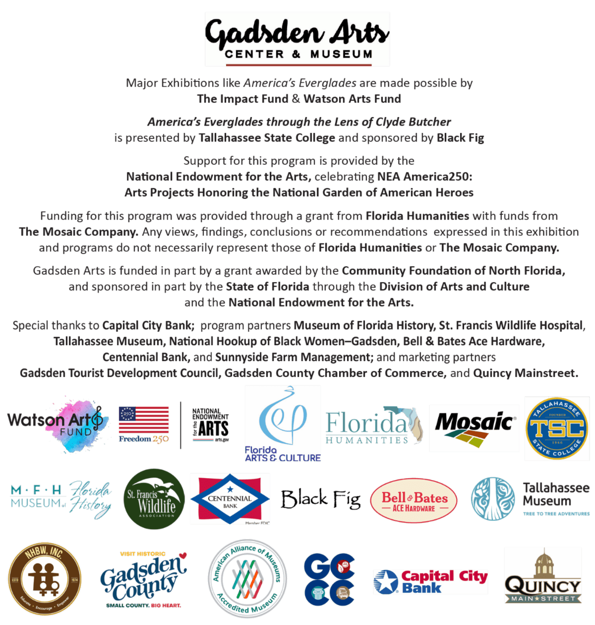Gardner Arts Center and Museum flyer with event details and multiple sponsor logos at the bottom