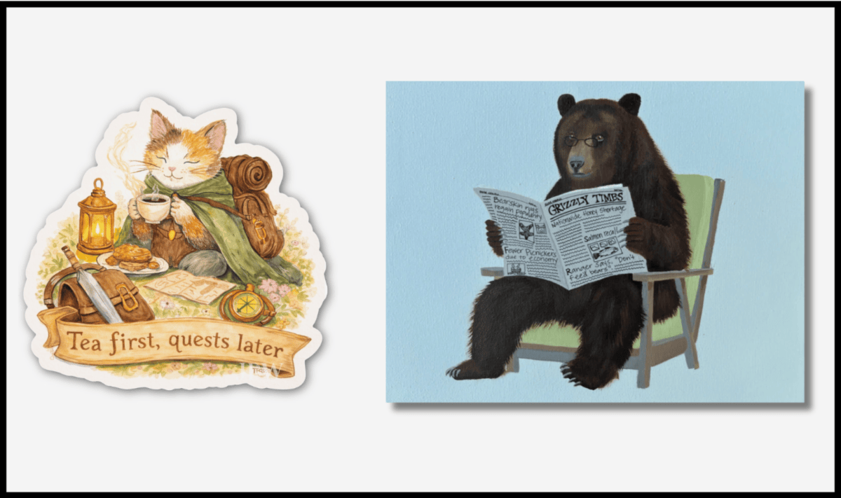 Two illustrated cards: a cat with a tea table and a bear reading a newspaper in a chair.