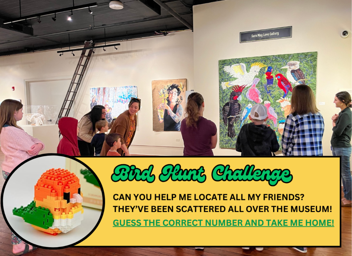 Art gallery crowd viewing colorful paintings beside a “Bird Hunt Challenge” event sign.