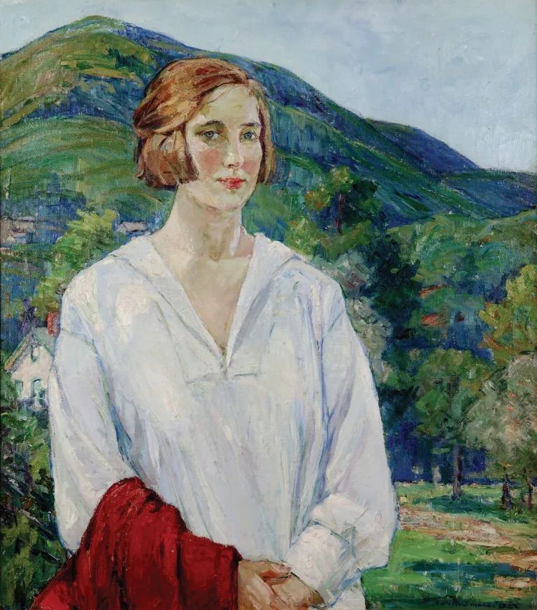 Portrait of a woman in a white blouse holding a red garment, standing before green hills.