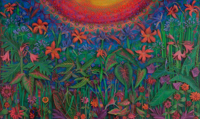 Colorful tropical jungle with flowers and large leaves beneath a glowing orange-red sun