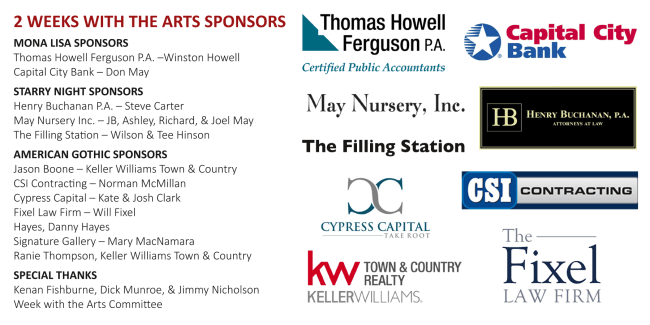 Sponsor logos for “2 Weeks with the Arts,” including Thomas Howell Ferguson, Capital City Bank, and others