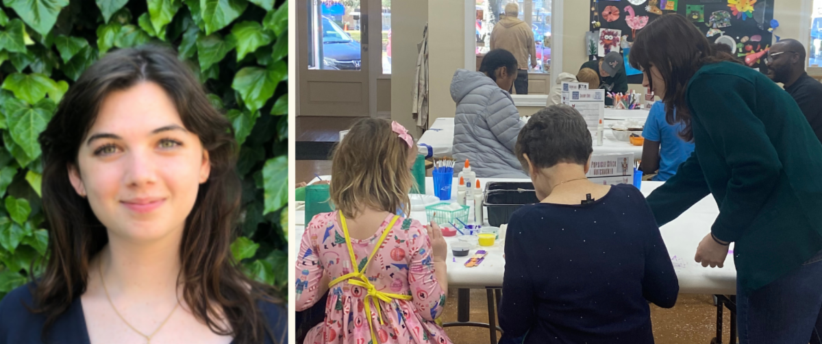 Woman portrait beside people painting at a table indoors