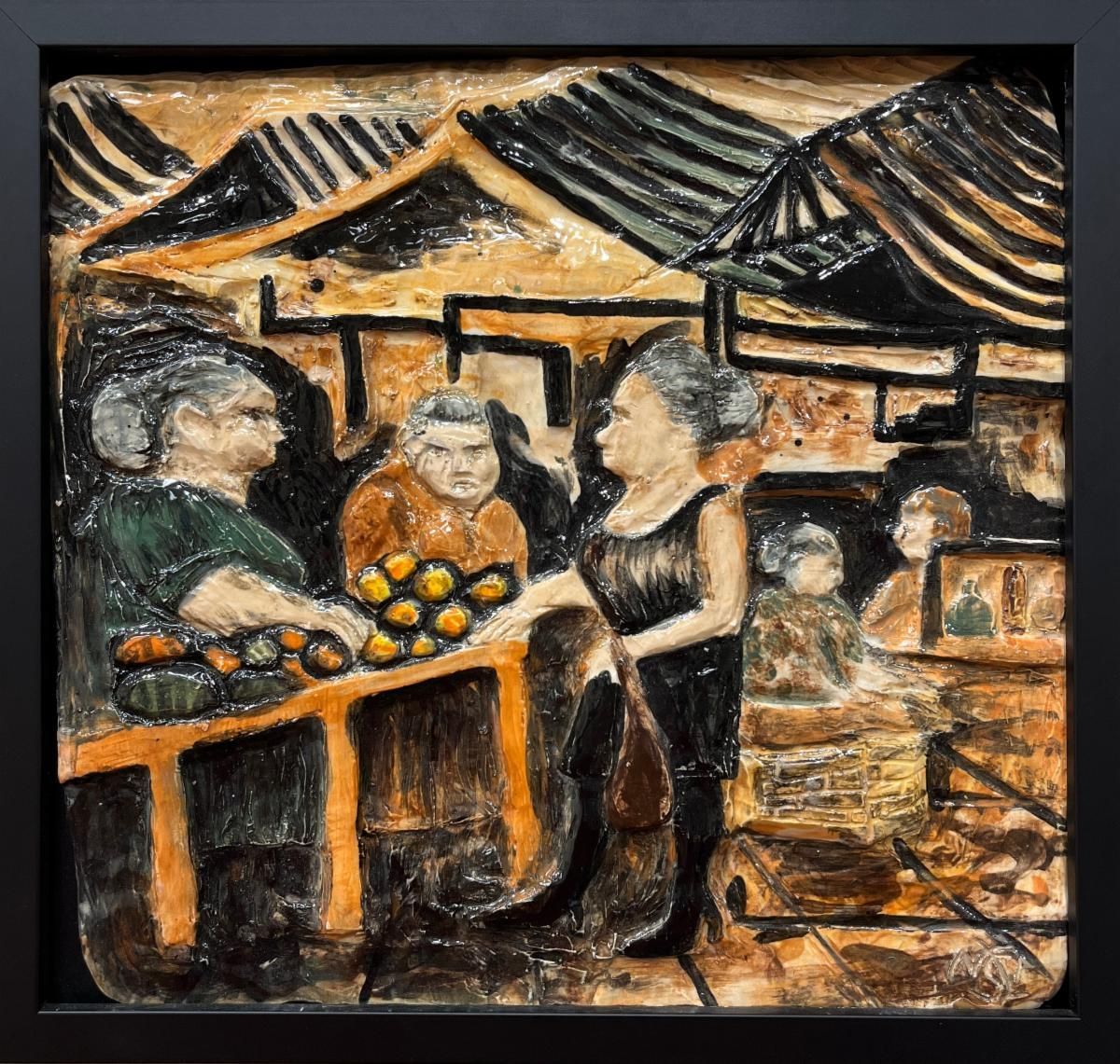 People chatting at a market stall with oranges under a striped canopy in warm earthy tones