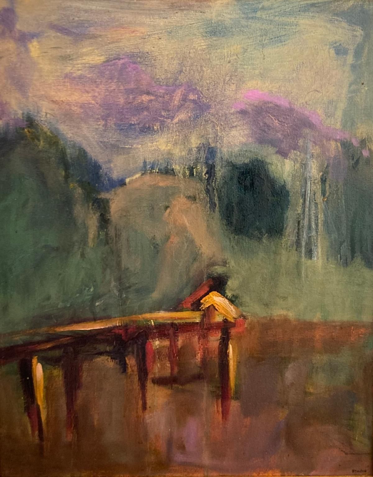 Abstract painting of a misty landscape with a wooden bridge and a small figure in yellow under a pink-gray sky