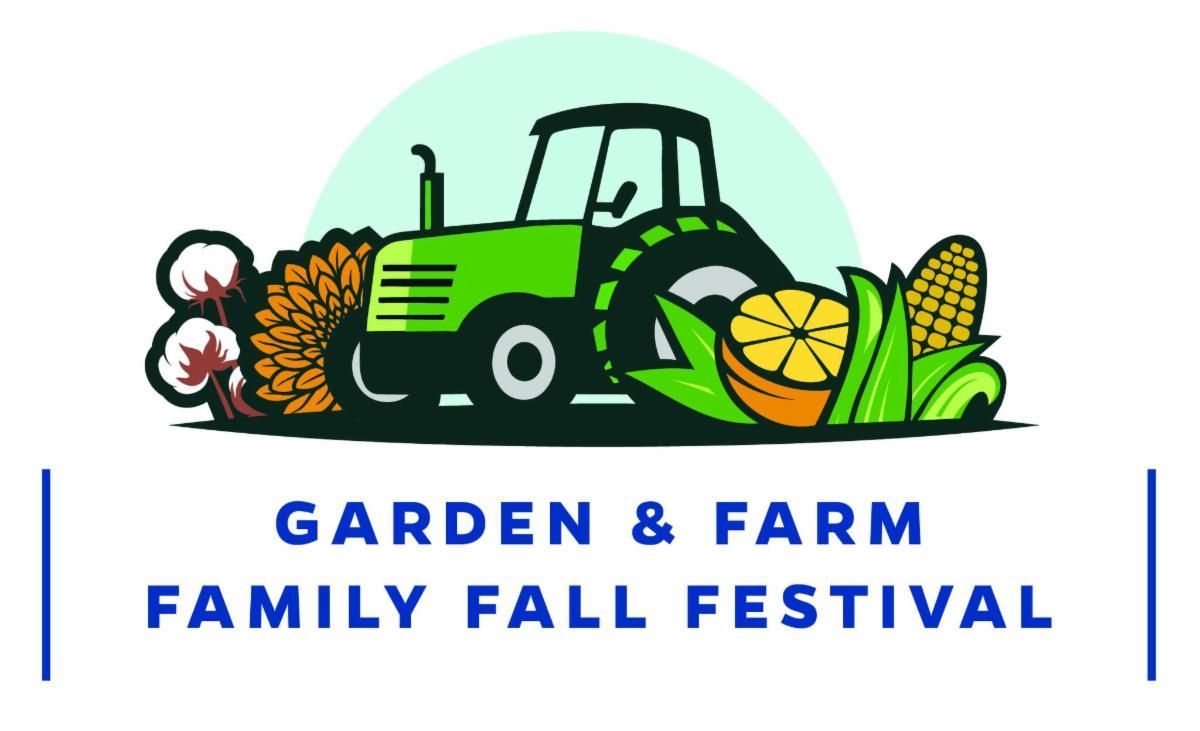 Illustrated logo of green tractor with pumpkins, corn, and flowers; text reads “Garden & Farm Family Fall Festival”