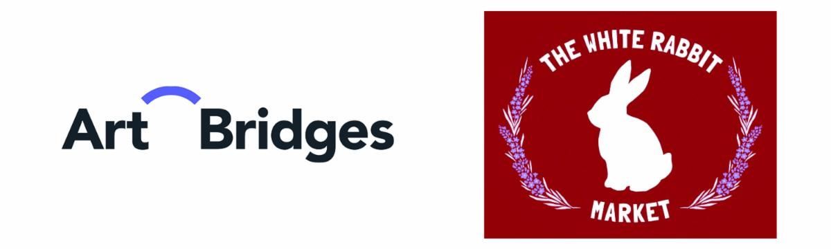 Art Bridges logo beside The White Rabbit Market logo on a white background
