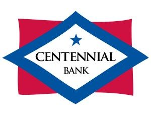 Centennial Bank logo: blue diamond on red background with a star and black text