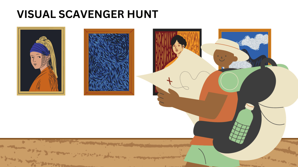 Visual scavenger hunt poster with three framed artworks above a person reading a map with binoculars and a camera.