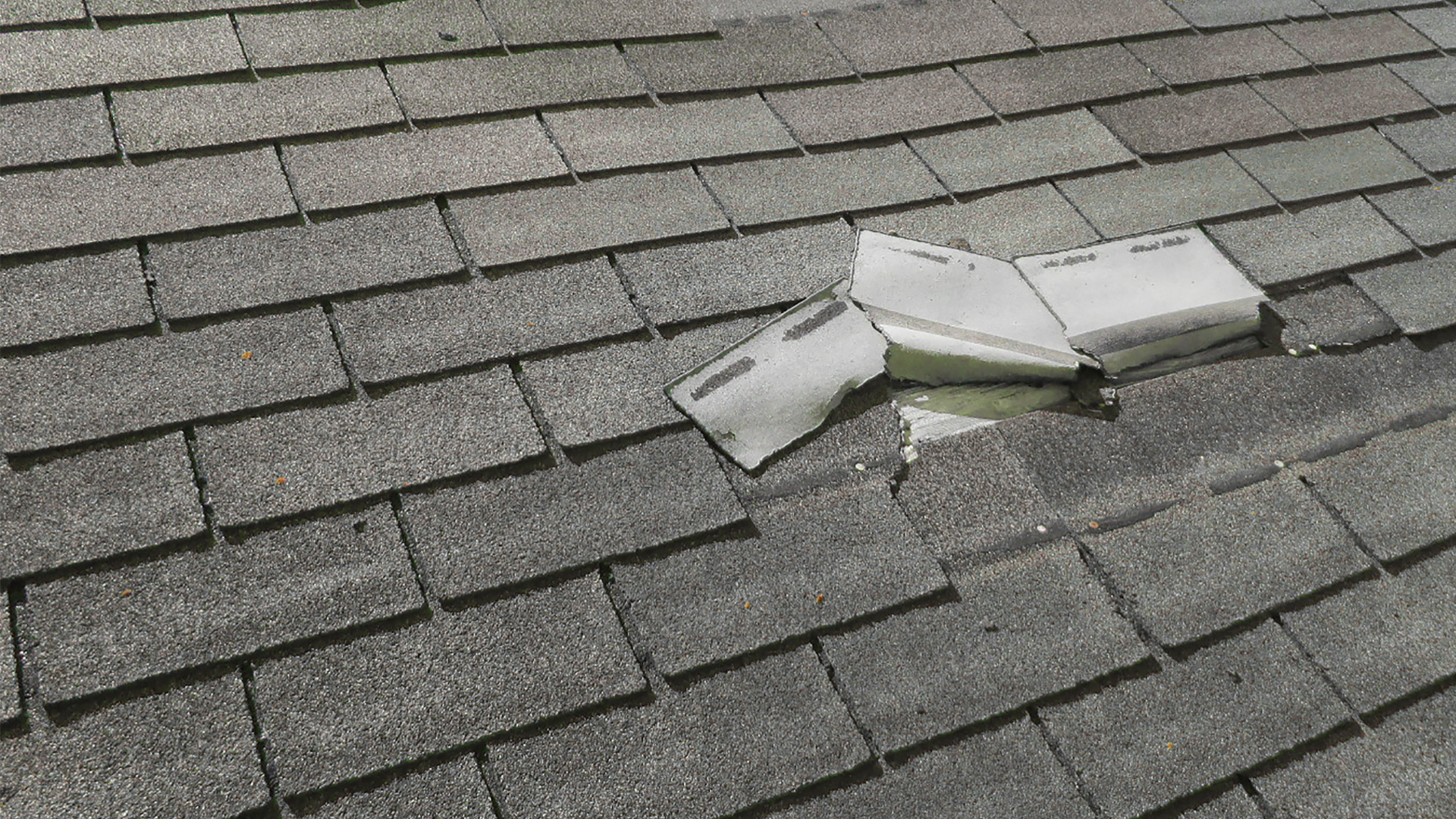 Broken white plastic pieces on a gray shingled roof