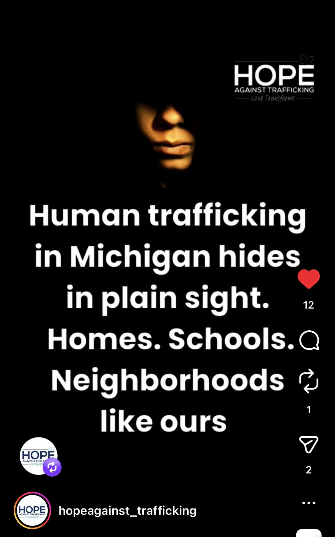 Dark poster with a hidden face and text: “Human trafficking in Michigan hides in plain sight. Homes. Schools. Neighborhoods like ours”