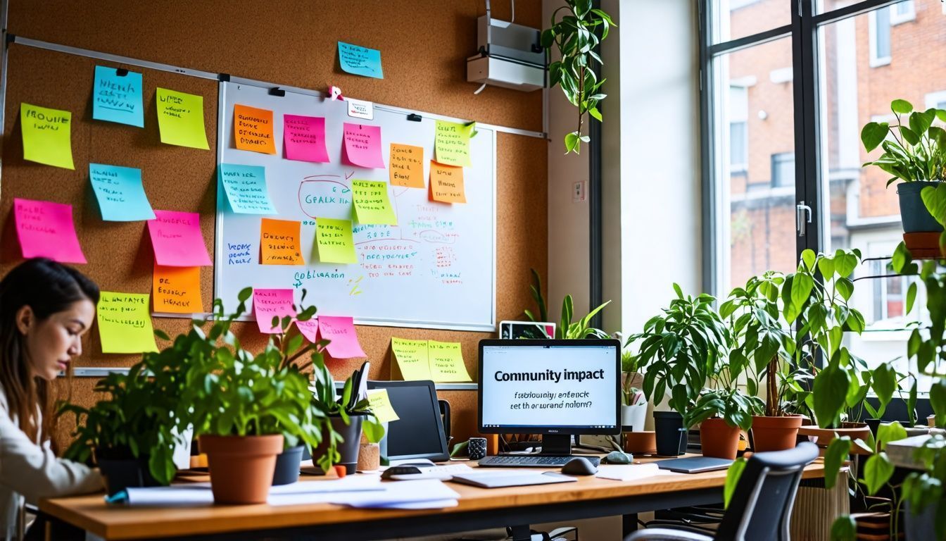 A woman is sitting at a desk in an office surrounded by potted plants.