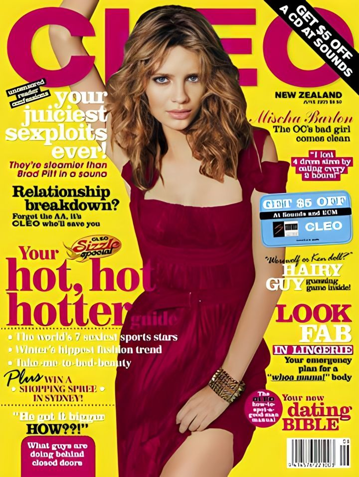 Cleo Magazine cover with Mischa Barton in a red dress. Text includes 