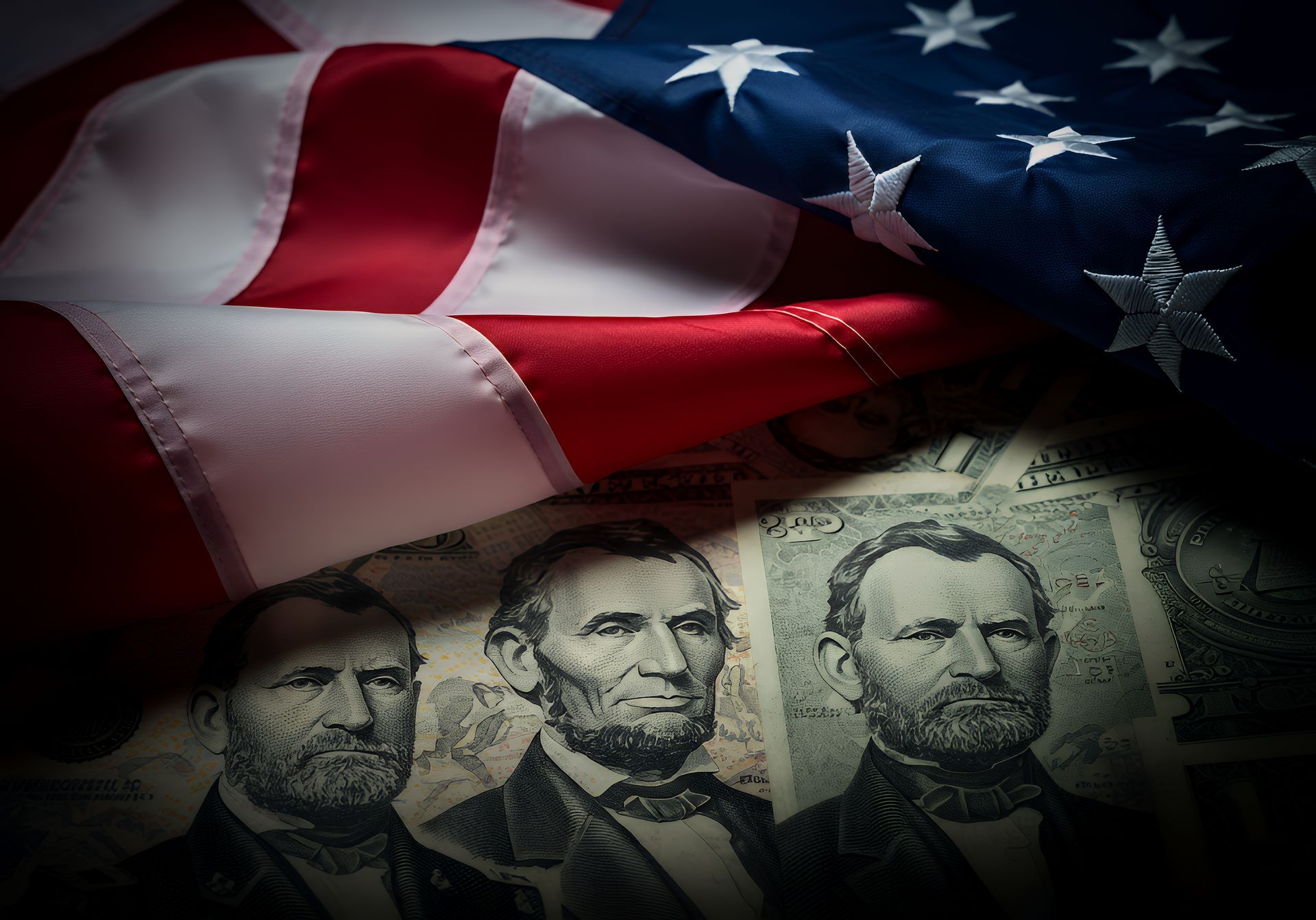 American flag draped over US currency featuring portraits of past presidents.