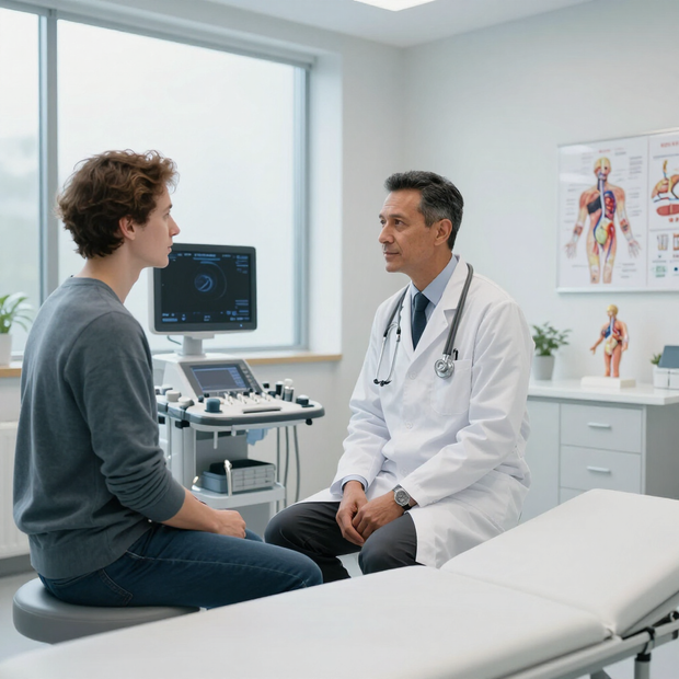 Un médico atiende a un paciente en una luminosa sala de exploración médica, con un equipo de ultrasonido y carteles de anatomía cerca.