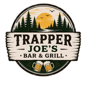 Trapper Joe’s Bar & Grill logo with forest, sunset, and two beer mugs
