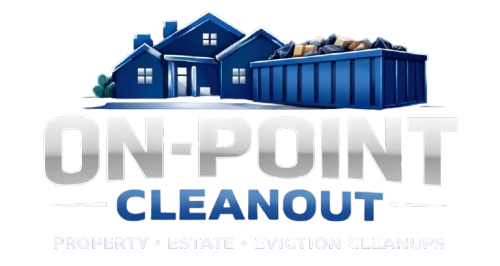 Logo for On-Point Cleanout featuring a blue house and dumpster with metallic text for property, estate, and eviction services.