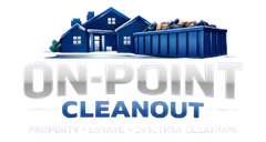 Logo for On-Point Cleanout featuring a blue house and dumpster with metallic text for property, estate, and eviction services.