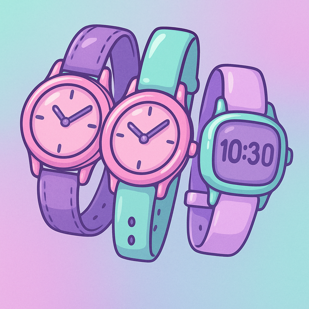Drie pastelkleurige polshorloges: roze, mintgroen en paars; één digitaal horloge geeft 10:30 uur aan.