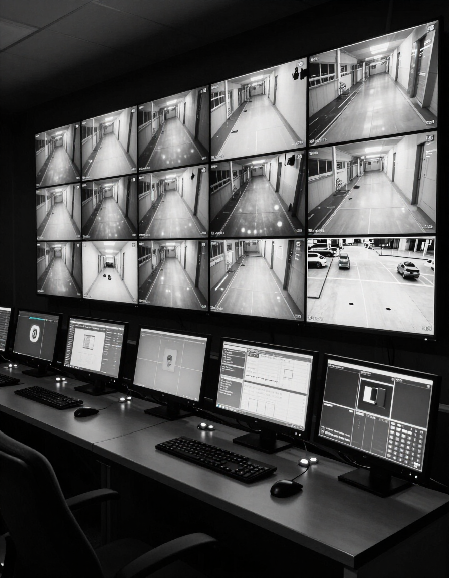 Central de monitoramento com múltiplos monitores de câmeras de segurança