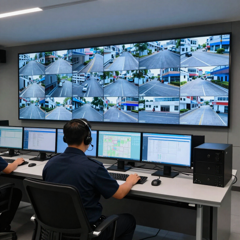e monitoramento com telas de câmeras  
de segurança