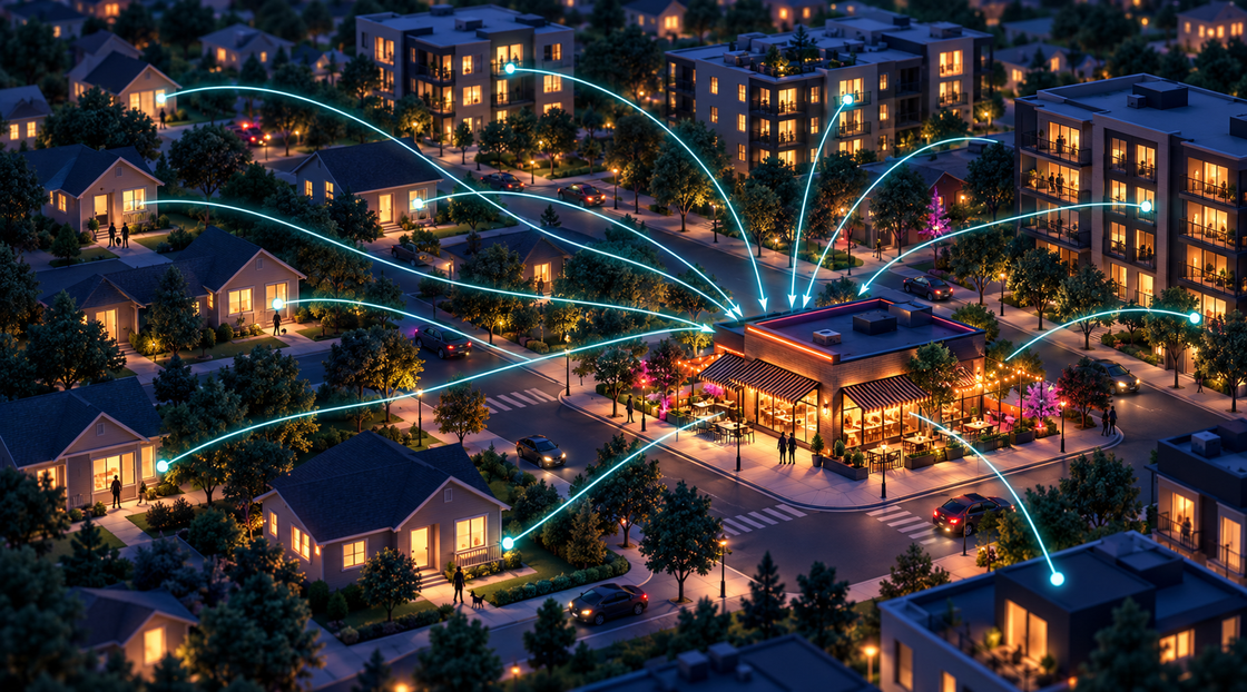 Nighttime aerial view of a lit residential complex with glowing arcs linking buildings and central plaza