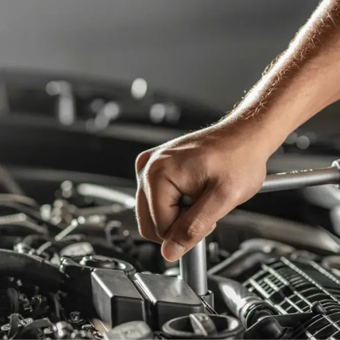 Mechanic hand holding a wrench under a car hood