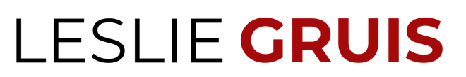 Leslie Gruis text logo in white and red text
