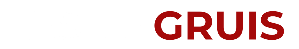 Leslie Gruis text in white and red