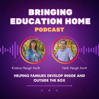 Podcast graphic: Two people, Kristina and Herb, in circles. Title: Bringing Education Home. Purple background.