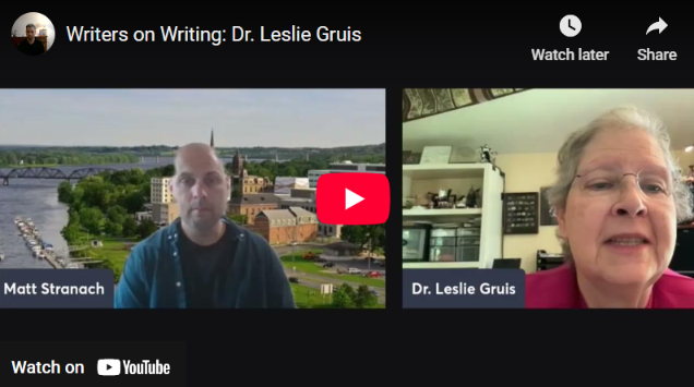 Two people in a video call. Matt Stranach, and Dr. Leslie Gruis discussing writing.