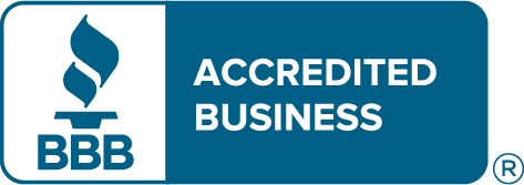 BBB Accredited Business logo with blue flame and text on a blue background.