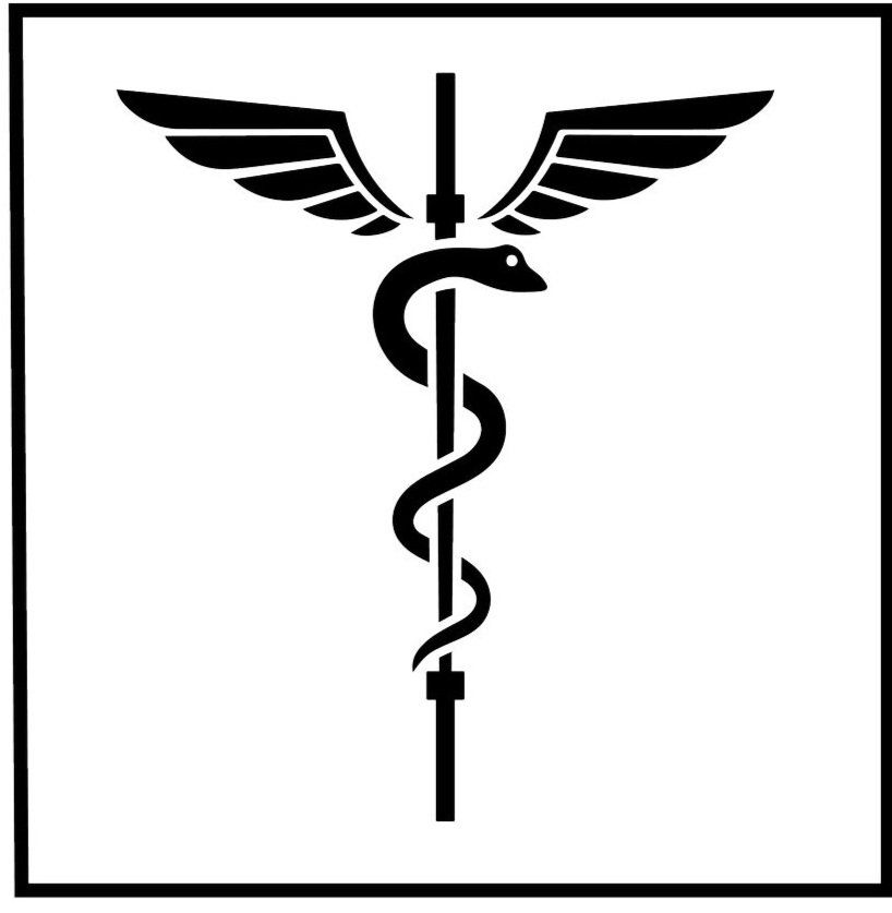 A caduceus medical symbol with wings and a snake on a stick.