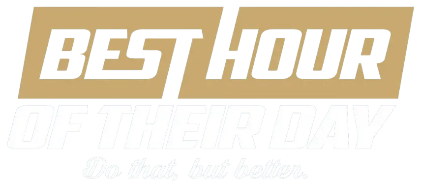 A gold and white logo for a company called best hour.