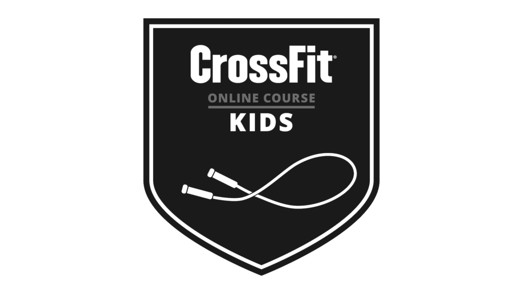 A black and white logo for a crossfit online course for kids.