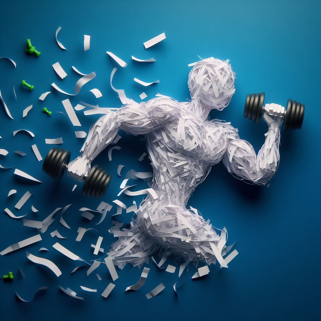 A man made out of shredded paper is lifting dumbbells.