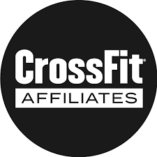 The logo for crossfit affiliates is in a black circle.