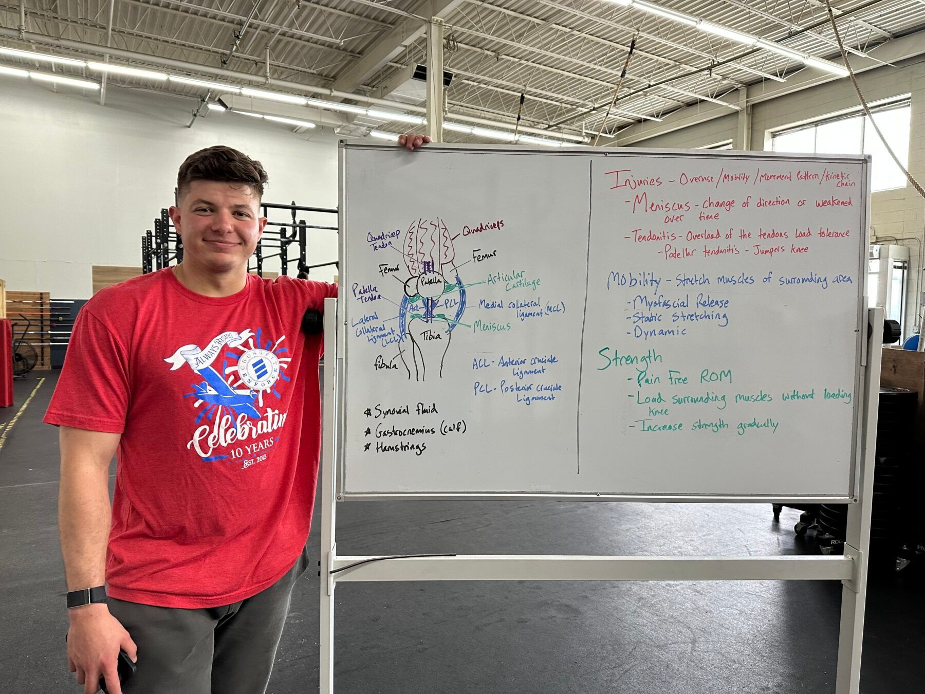 A man in a red shirt is standing next to a whiteboard in a gym.