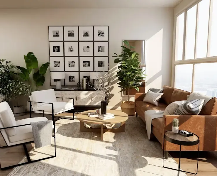 Bright modern living room with beige sofa, white chairs, plants, and framed wall art in sunlight