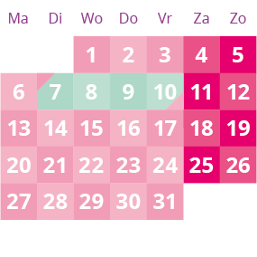 Een roze en groene kalender met de nummers 1 tot en met 27