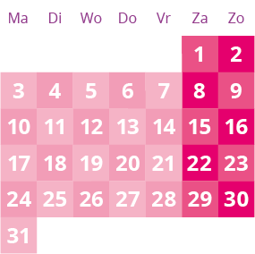 Een roze en groene kalender met de nummers 1 tot en met 31