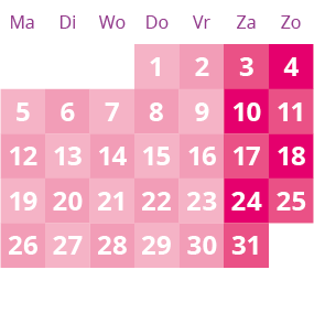 Een groene en roze kalender met de nummers 1 tot en met 31