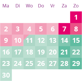 Een groene en roze kalender met de nummers 1 tot en met 31