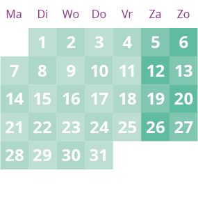 Een groene en roze kalender met de nummers 1 tot en met 31